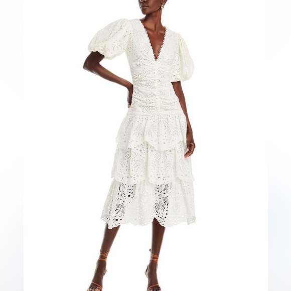 Farm Rio Puff Sleeve Eyelet Midi Dress